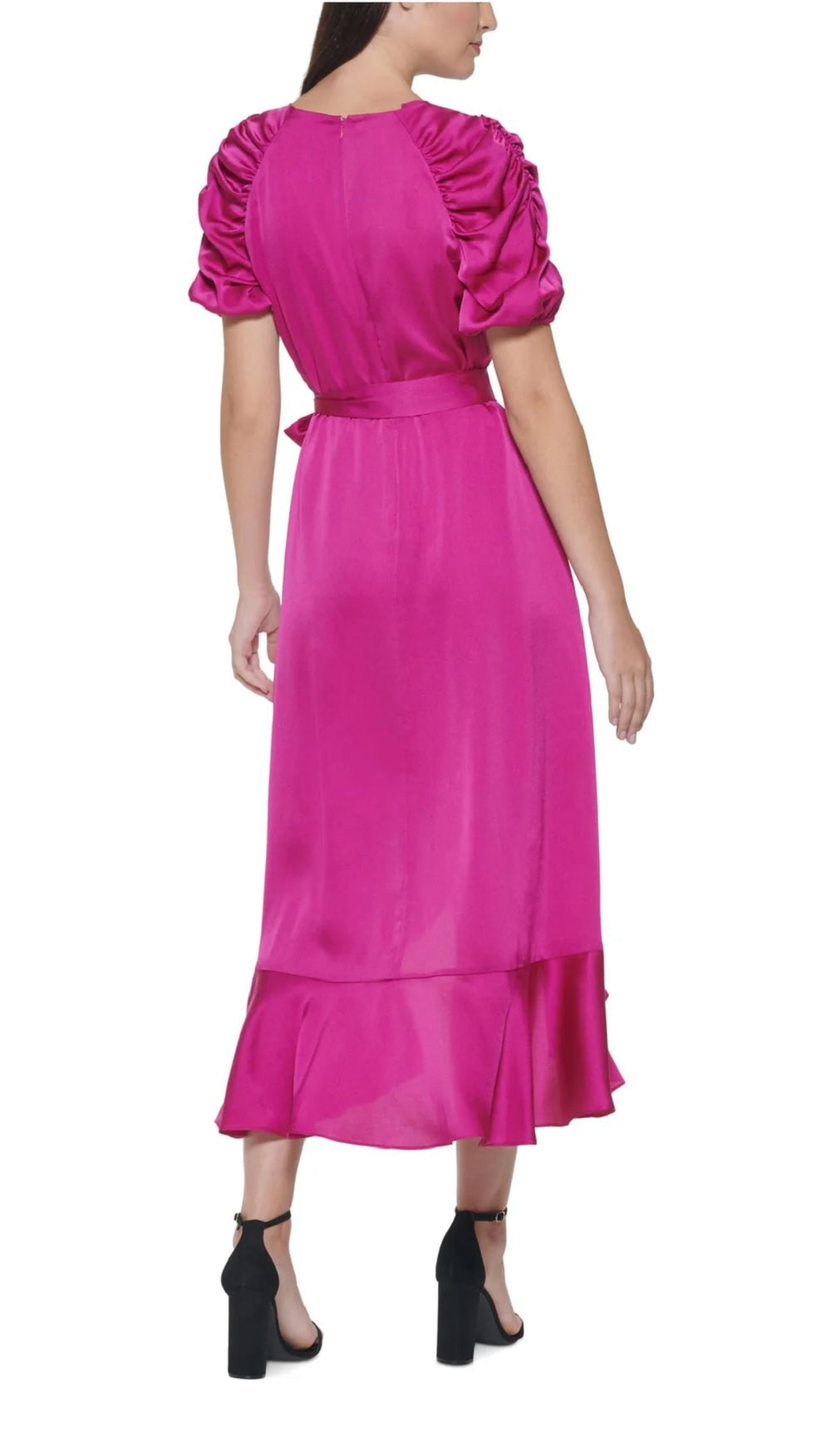 Vestido midi com zíper e babados, mangas franzidas, manga curta, festa, estilo envelope falso, rosa, tamanho 10, para mulheres Kensie