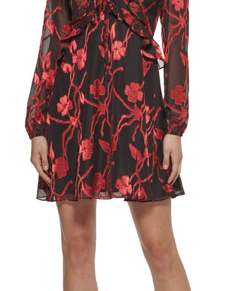 Vestido Kensie Feminino Babados Zíper Forrado Blusa Manga V Decote Curto Formal Ajuste Flare Vestido Preto Tamanho 12