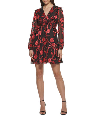 Vestido Kensie Feminino Babados Zíper Forrado Blusa Manga V Decote Curto Formal Ajuste Flare Vestido Preto Tamanho 12