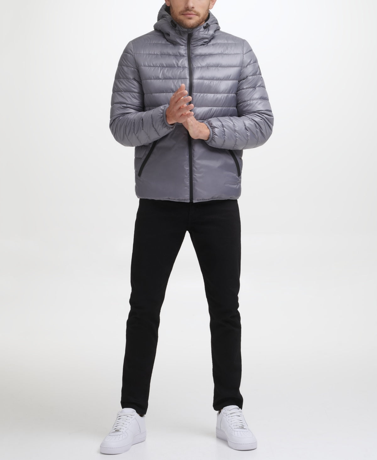 Jaqueta acolchoada masculina Kenneth Cole com forro de sherpa e capuz, tamanho médio, cinza, tamanho pequeno