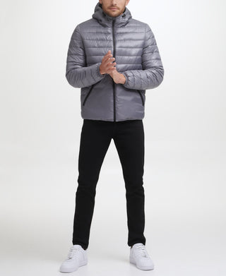 Jaqueta acolchoada masculina Kenneth Cole com forro de sherpa e capuz, tamanho médio, cinza, tamanho pequeno