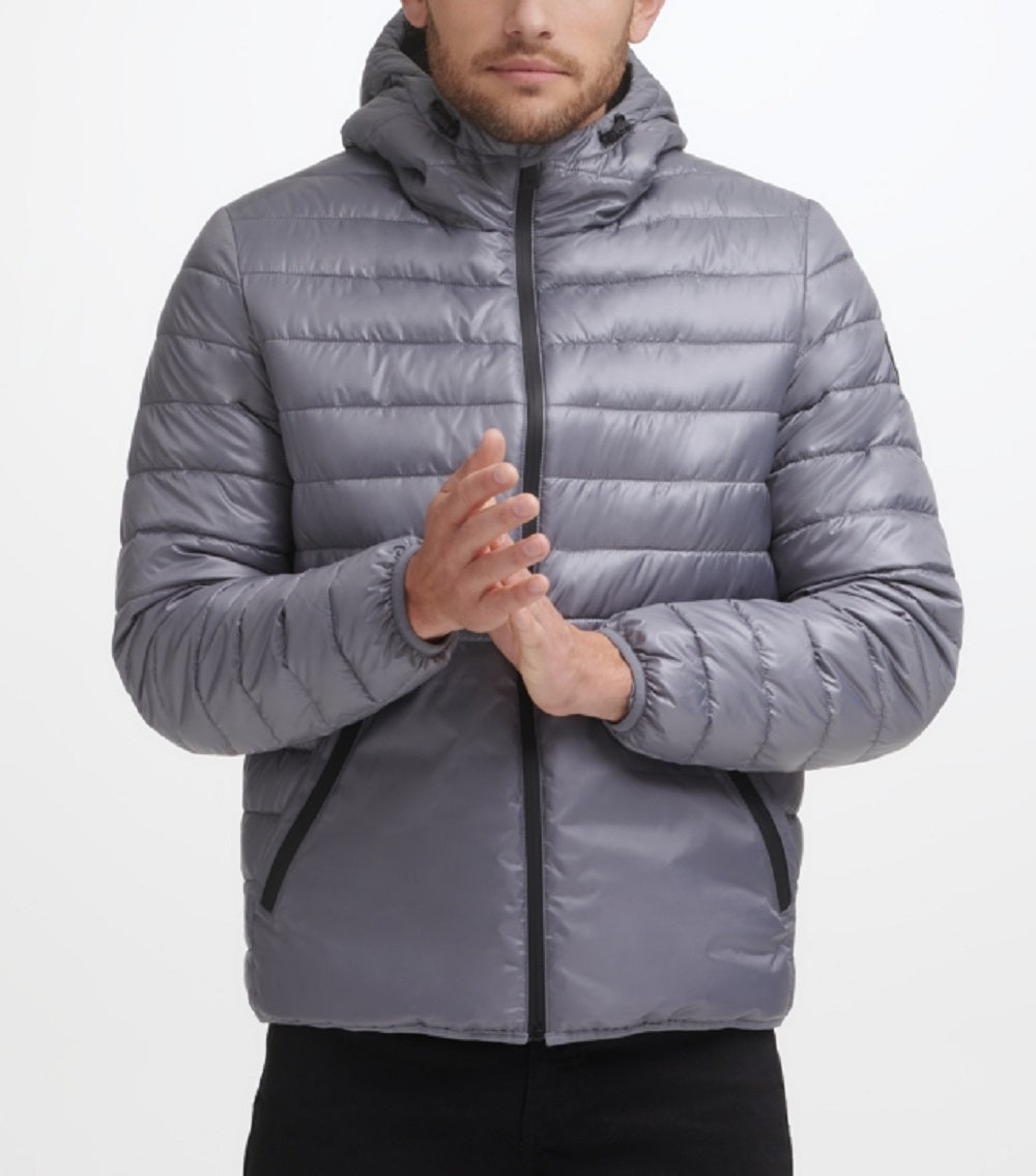 Jaqueta acolchoada masculina Kenneth Cole com forro de sherpa e capuz, tamanho médio, cinza, tamanho pequeno
