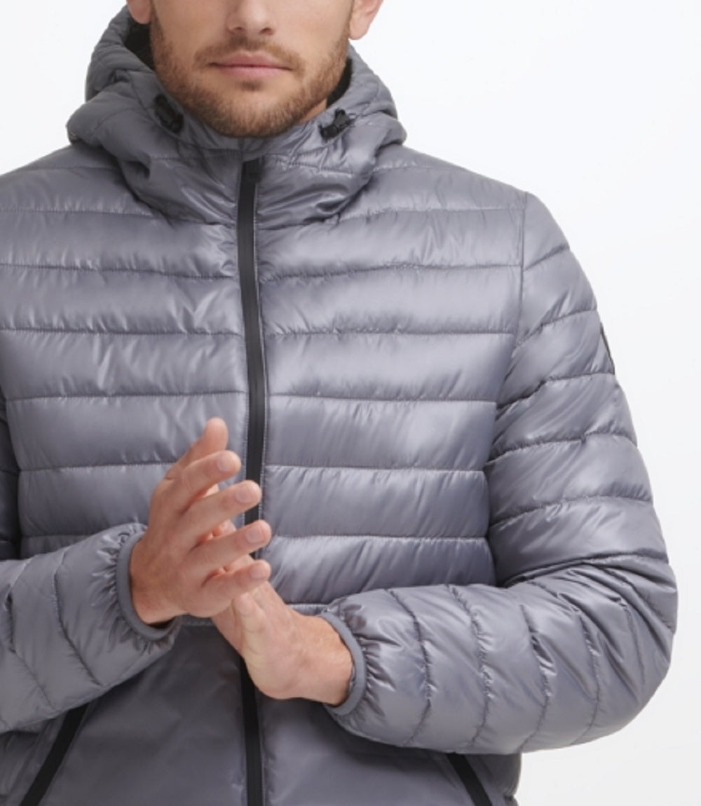 Jaqueta acolchoada masculina Kenneth Cole com forro de sherpa e capuz, tamanho médio, cinza, tamanho pequeno