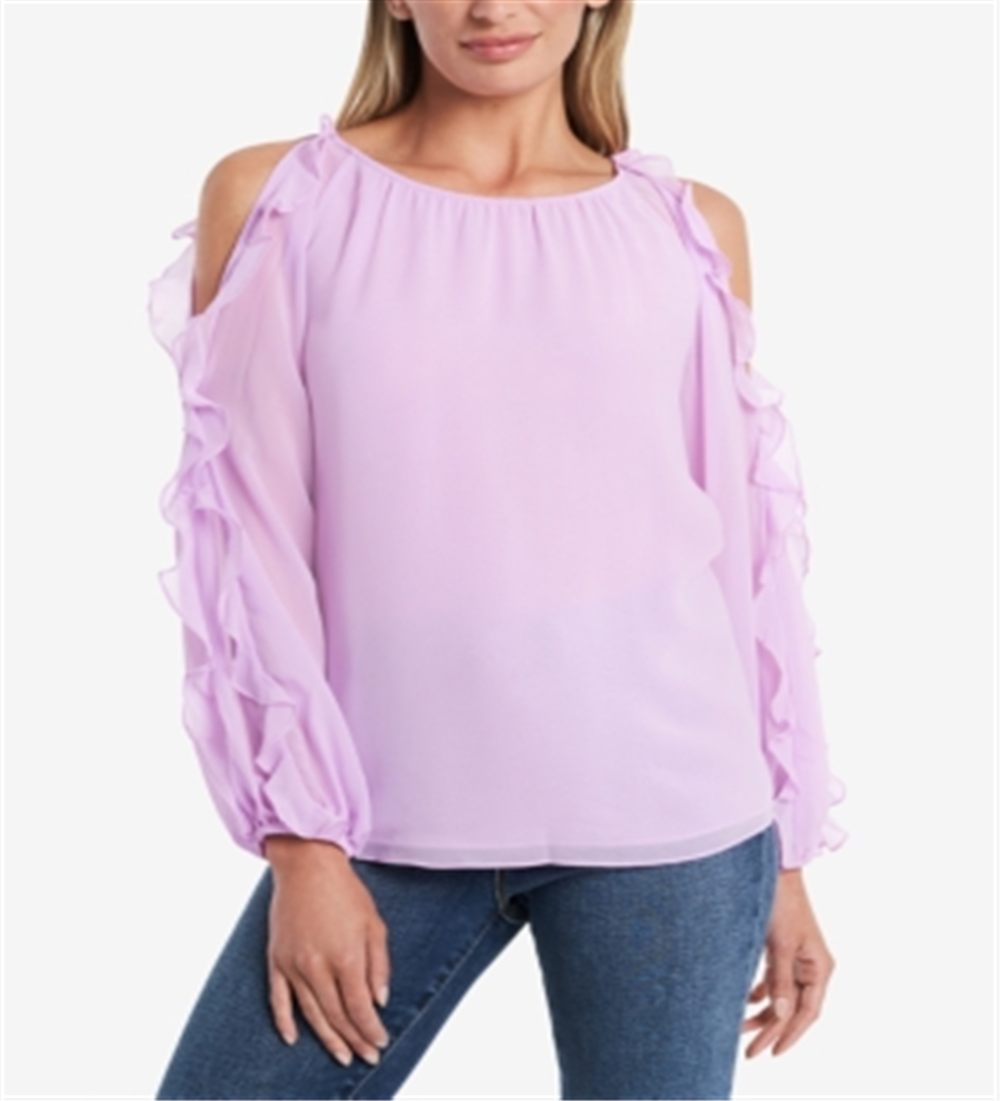 1.STATE Blusa feminina com babados, ombro vazado, manga comprida, decote redondo, rosa, tamanho grande