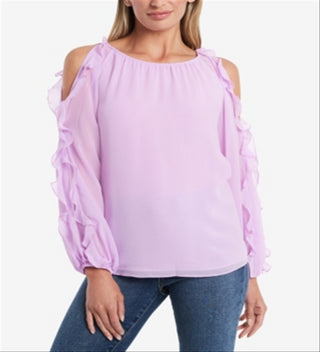 1.STATE Blusa feminina com babados, ombro vazado, manga comprida, decote redondo, rosa, tamanho grande