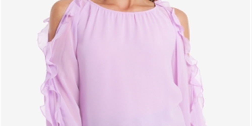 1.STATE Blusa feminina com babados, ombro vazado, manga comprida, decote redondo, rosa, tamanho grande