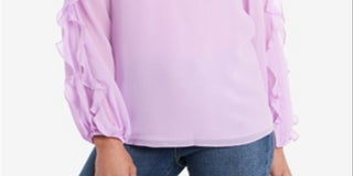 1.STATE Blusa feminina com babados, ombro vazado, manga comprida, decote redondo, rosa, tamanho grande