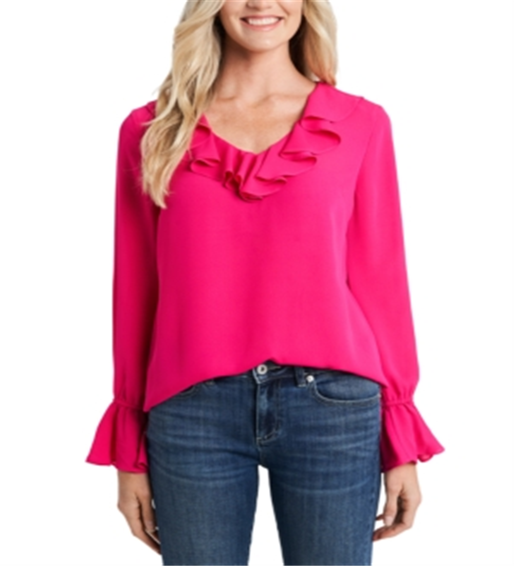 Blusa feminina CeCe com babados e decote em V, rosa, tamanho pequeno