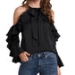 Blusa CeCe Feminina Ombros Vazados com Babados, Preta, Tamanho P