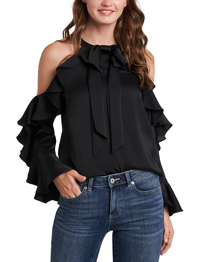 Blusa CeCe Feminina Ombros Vazados com Babados, Preta, Tamanho P