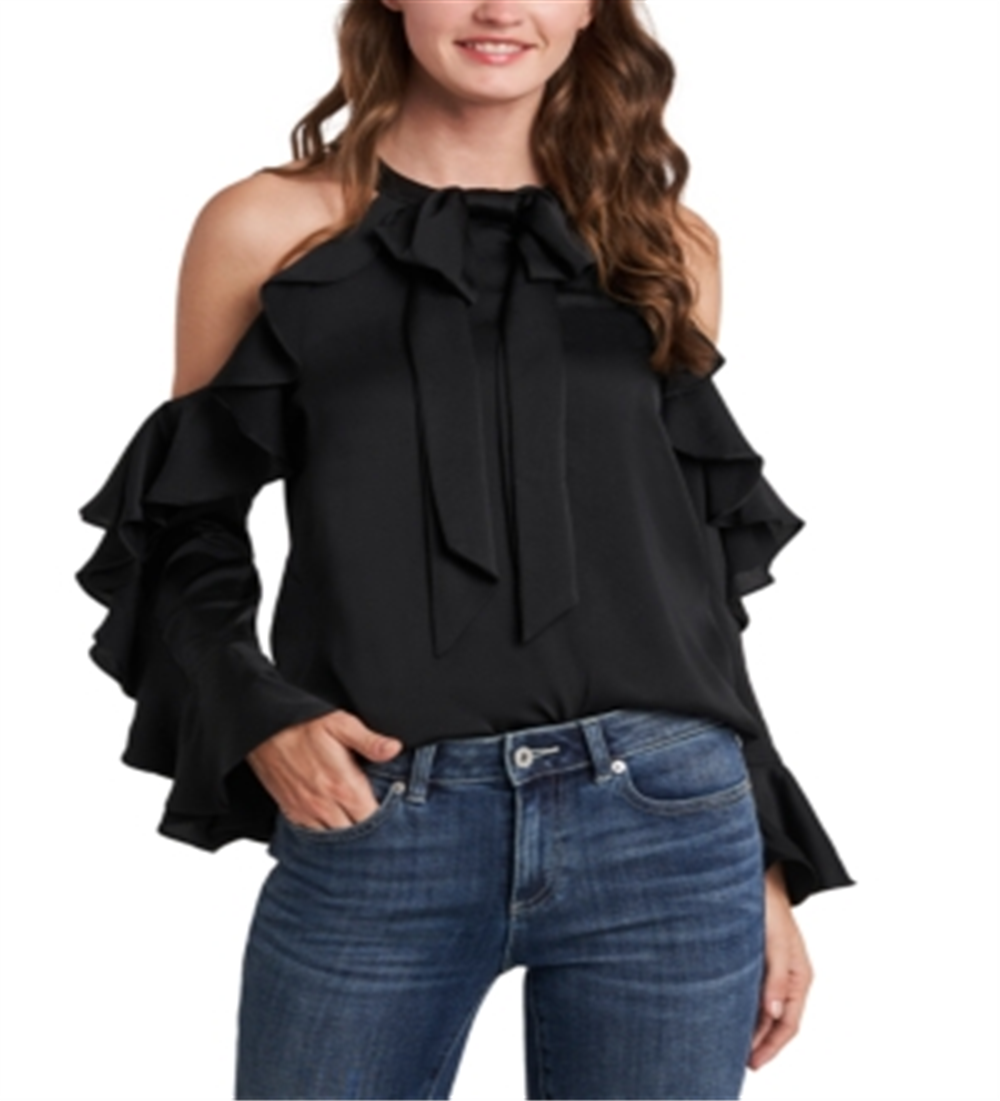 Blusa CeCe Feminina Ombros Vazados com Babados, Preta, Tamanho P