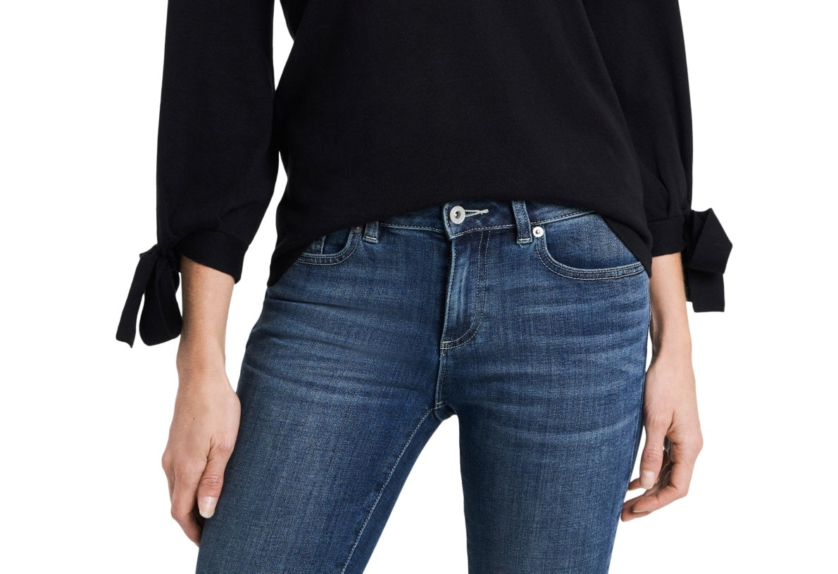 Suéter feminino CeCe com punho de gravata borboleta e manga comprida, gola V, preto, tamanho pequeno