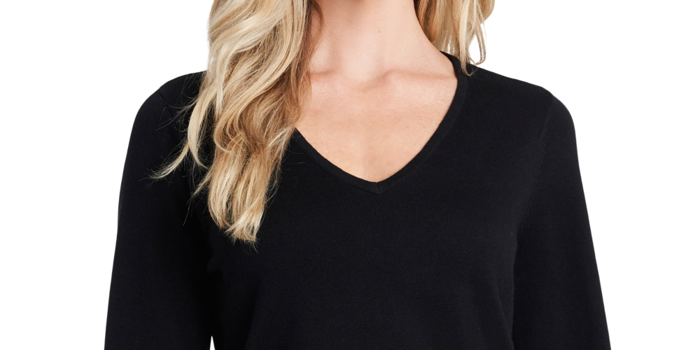 Suéter feminino CeCe com punho de gravata borboleta e manga comprida, gola V, preto, tamanho pequeno