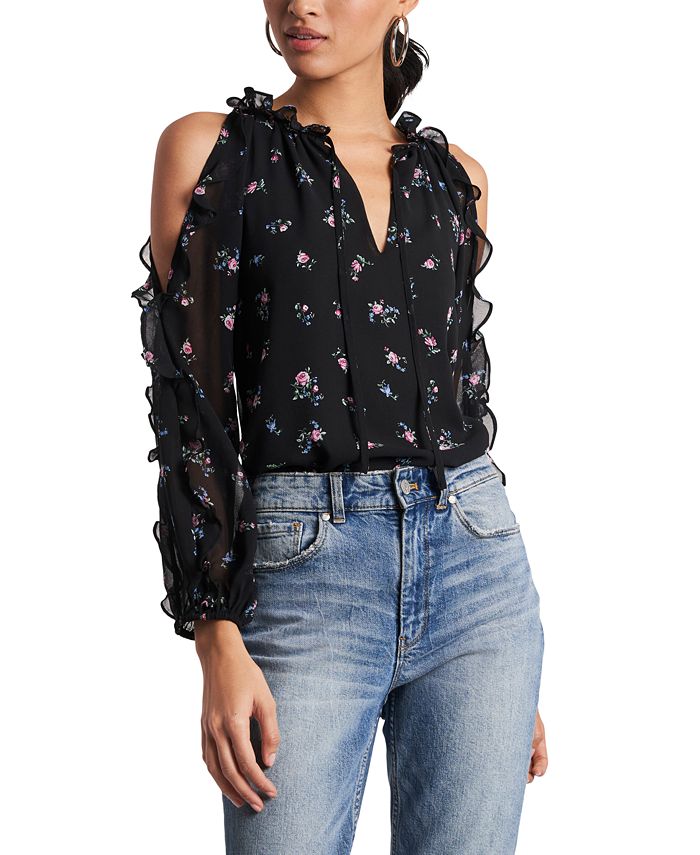 1.STATE Blusa feminina com babados e ombros descobertos, preta, tamanho extragrande
