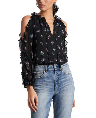 1.STATE Women's Ruffled Cold Shoulder Top Black Size X-Large