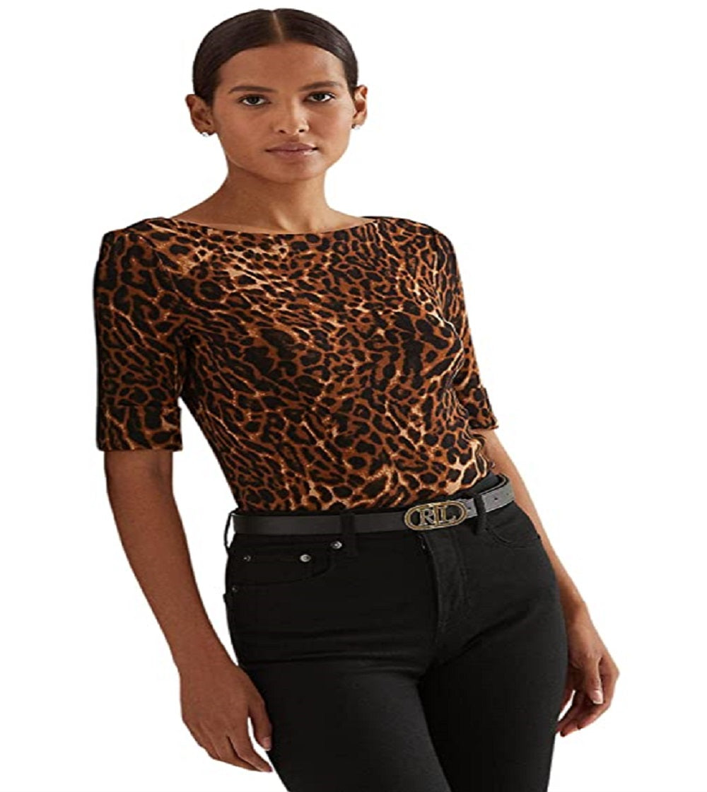 Blusa Ralph Lauren Feminina com Estampa de Jaguatirica e Decote Canoa, Preta, Tamanho P