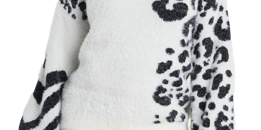 Suéter felpudo feminino Vince Camuto com estampa animal e jacquard, branco, tamanho extrapequeno
