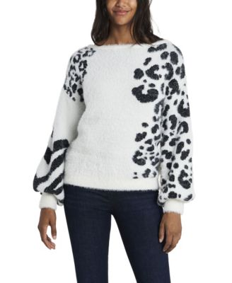 Suéter feminino Vince Camuto com estampa animal e jacquard felpudo, branco, tamanho médio