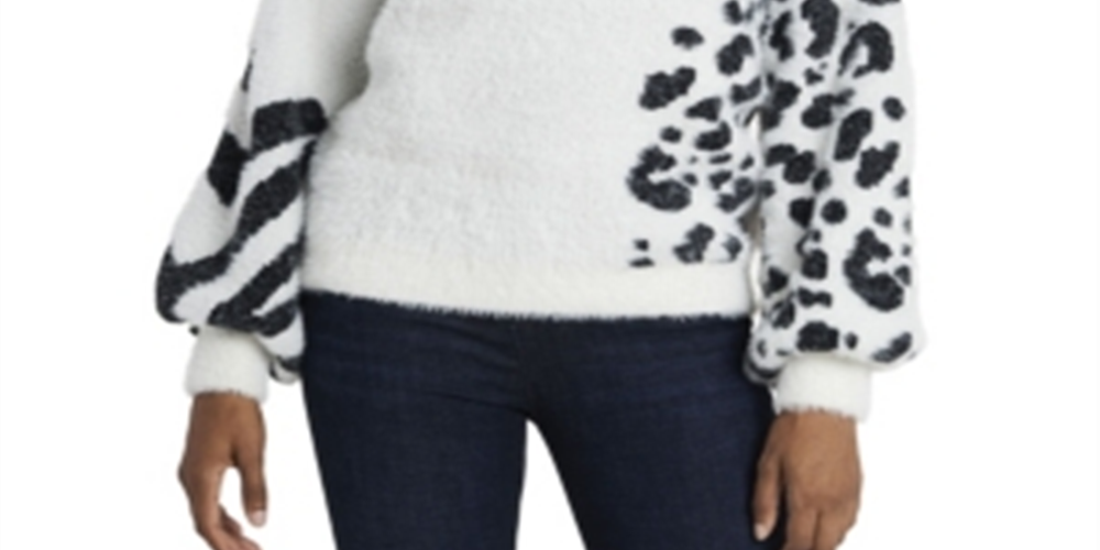 Suéter feminino Vince Camuto com estampa animal e jacquard felpudo, branco, tamanho médio