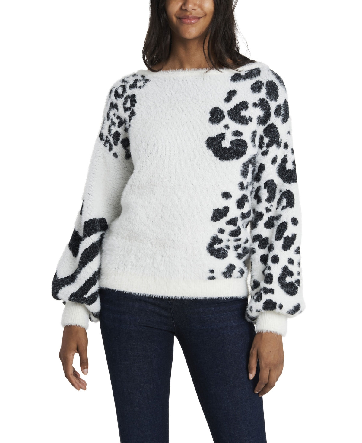 Suéter felpudo com estampa animal jacquard feminino Vince Camuto, branco, tamanho grande