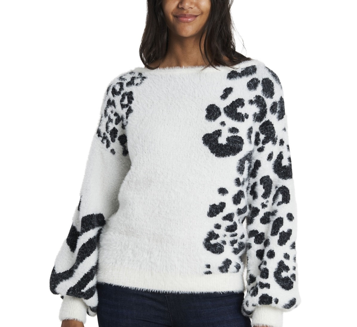 Suéter felpudo com estampa animal jacquard feminino Vince Camuto, branco, tamanho grande