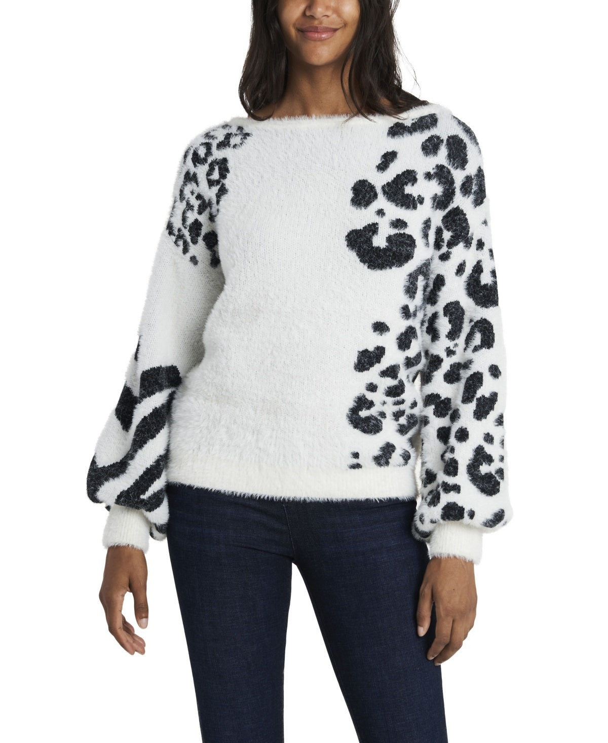 Suéter felpudo feminino Vince Camuto com estampa animal e jacquard, branco, tamanho extragrande