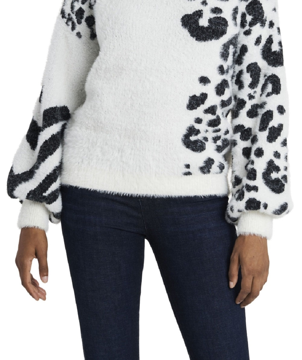 Suéter felpudo feminino Vince Camuto com estampa animal e jacquard, branco, tamanho extragrande