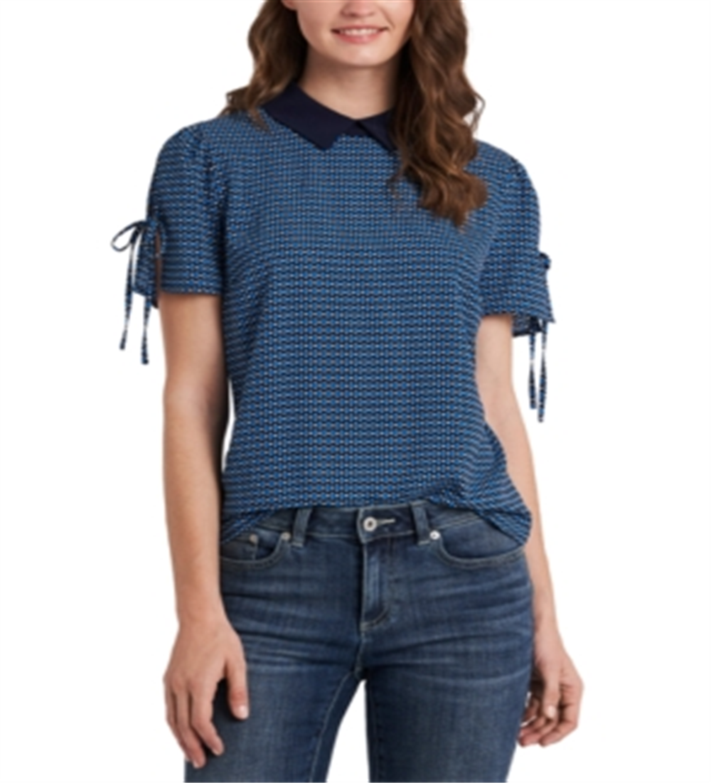 Blusa feminina CeCe com gola geométrica, azul, tamanho médio
