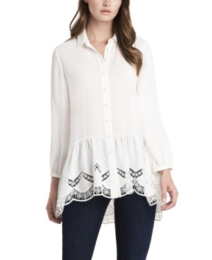 Túnica peplum feminina de manga comprida Vince Camuto, branca, tamanho pequeno médio