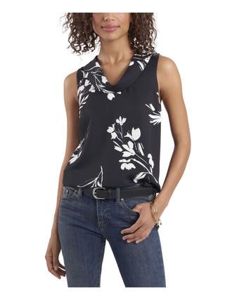 Vince Camuto Blusa feminina com pregas, laterais ventiladas e estampada, sem mangas, gola alta, preta, tamanho grande