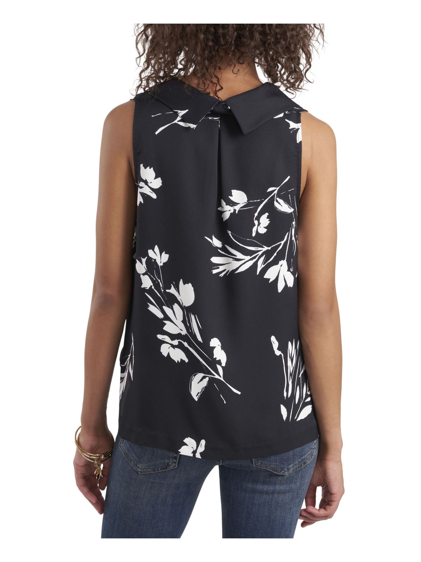 Vince Camuto Blusa feminina com pregas, laterais ventiladas e estampada, sem mangas, gola alta, preta, tamanho grande