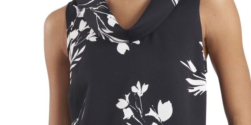 Vince Camuto Blusa feminina com pregas, laterais ventiladas e estampada, sem mangas, gola alta, preta, tamanho grande