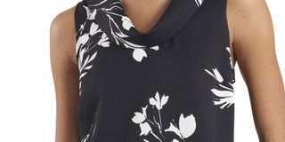 Vince Camuto Blusa feminina com pregas, laterais ventiladas e estampada, sem mangas, gola alta, preta, tamanho grande
