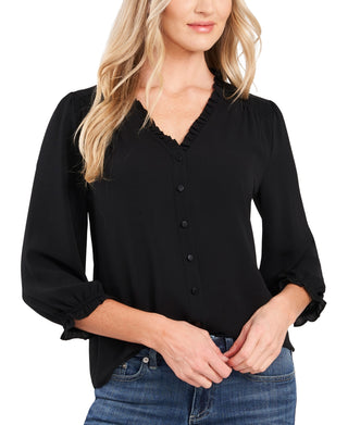 CeCe Women's Ruffle V Neck Blouse Black Size Large