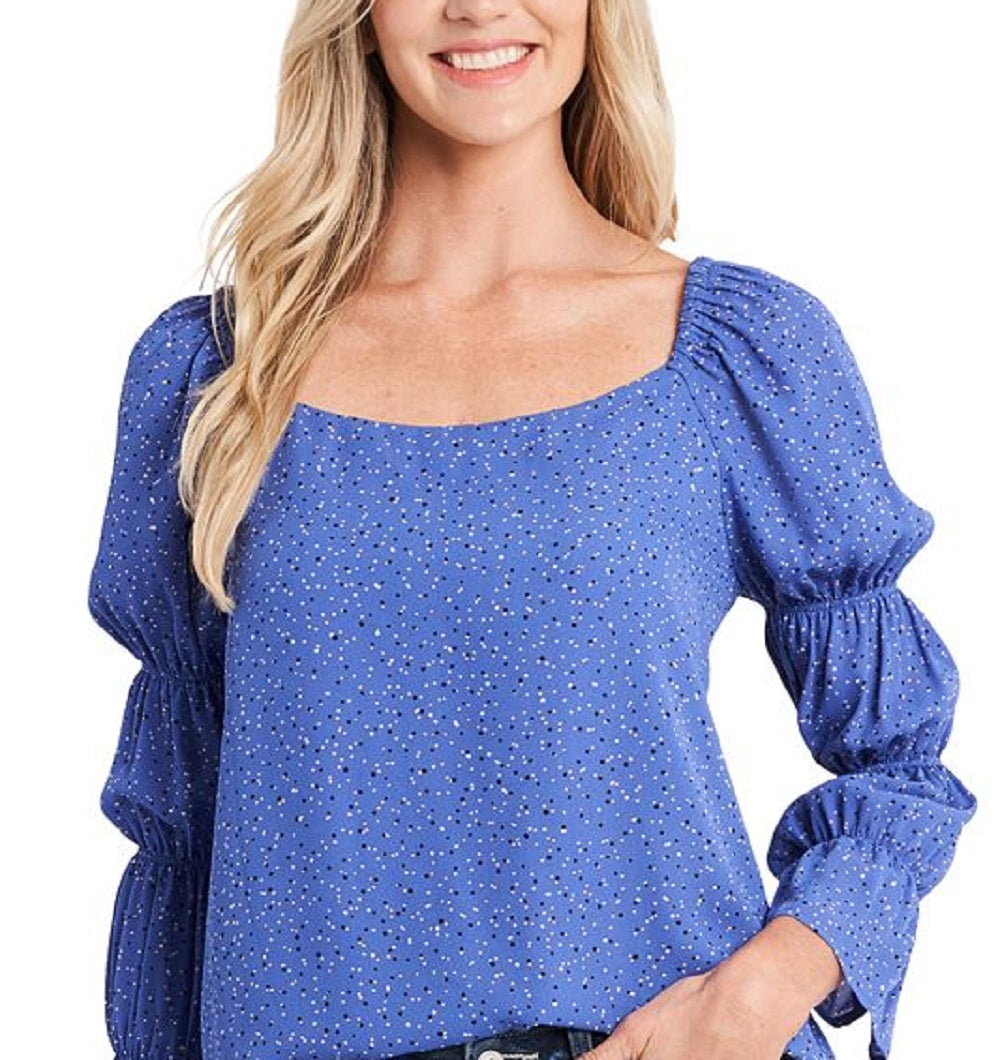 Blusa feminina CeCe com manga bufante e bolinhas, azul, tamanho extragrande