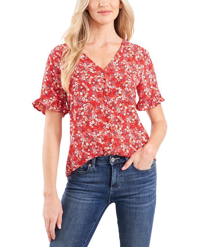 Blusa CeCe Feminina Manga Babada Botão Frontal Vermelha Tamanho P