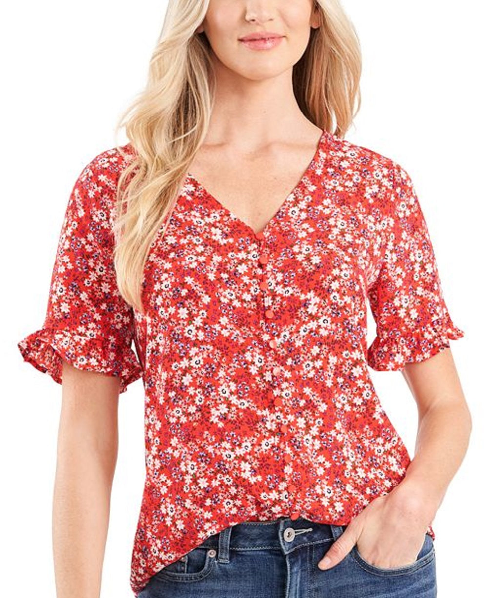 Blusa CeCe Feminina Manga Babada Botão Frontal Vermelha Tamanho P