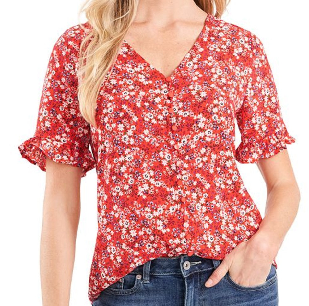 Blusa CeCe Feminina Manga Babada Botão Frontal Vermelha Tamanho P