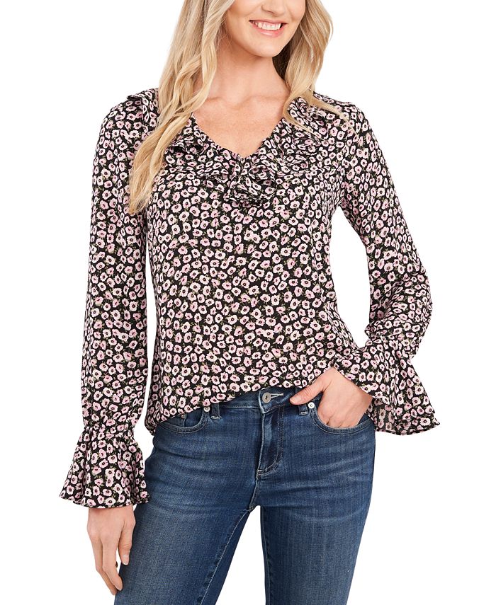 Blusa feminina CeCe com babados florais, rosa, tamanho X-S