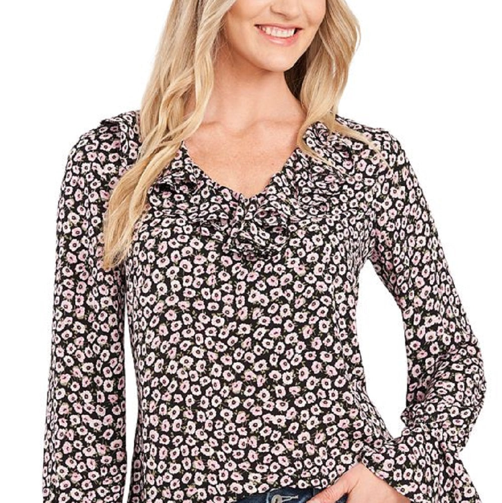 Blusa feminina CeCe com babados florais, rosa, tamanho X-S