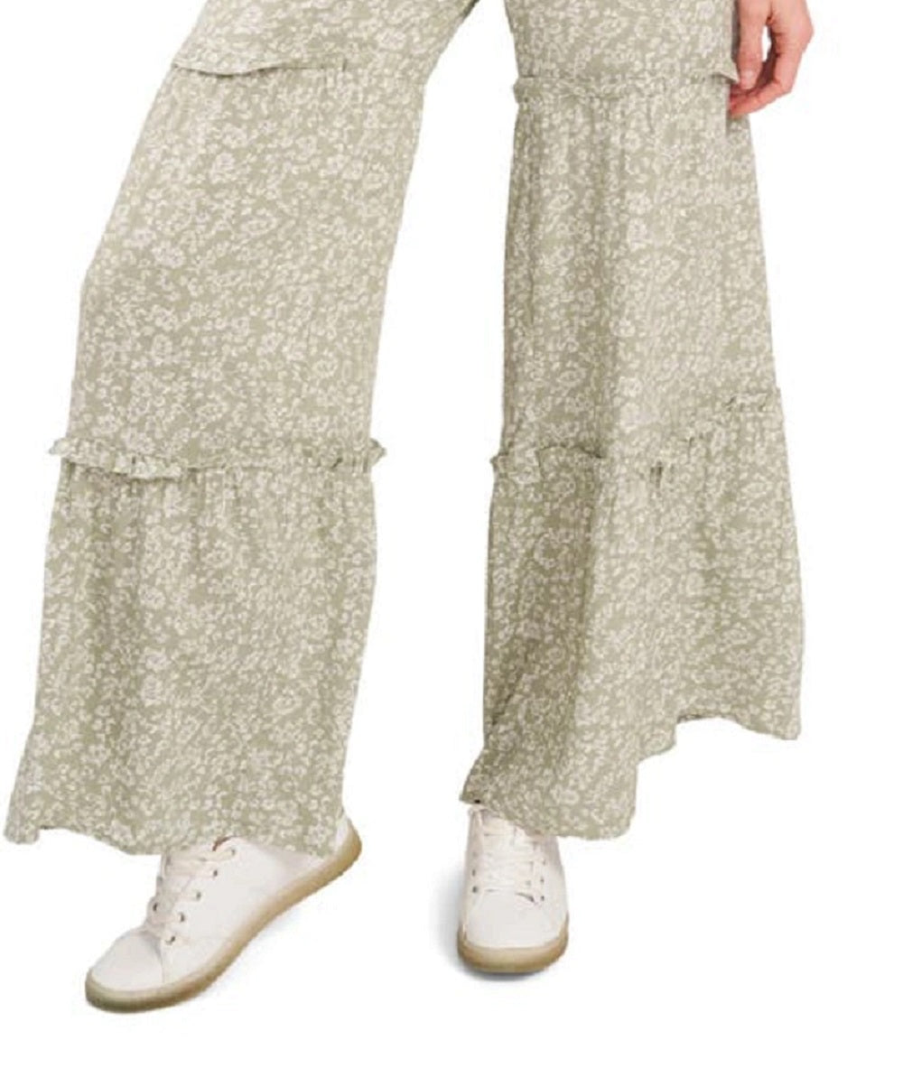 Calça feminina CeCe Ditsy com estampa de babados e pernas largas, verde, tamanho médio