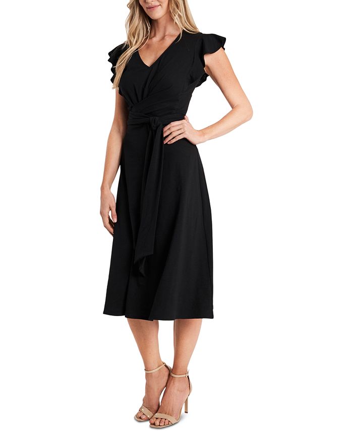 Vestido feminino CeCe de algodão misto com cinto e pregas, estilo pulôver, manga esvoaçante, decote em V, midi, ajuste evasê, tamanho grande, preto