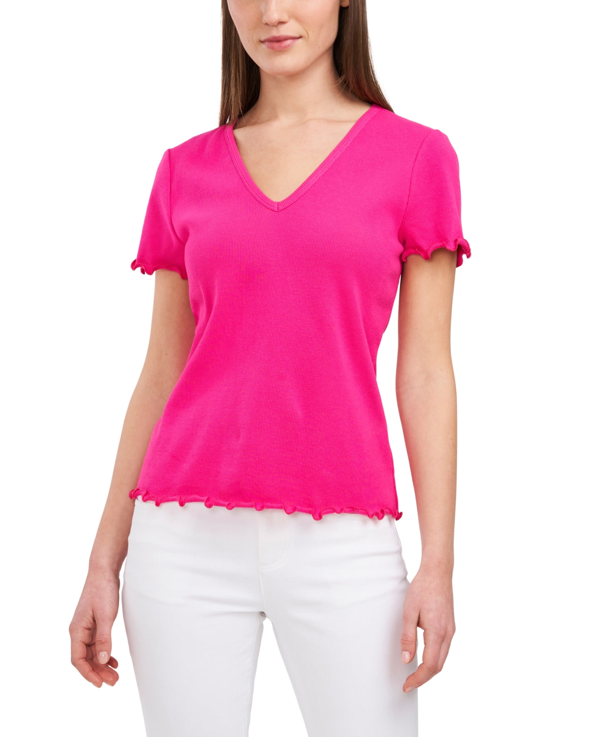 Top feminino Riley &amp; Rae Kaia com nervuras e borda alface rosa, tamanho X-S