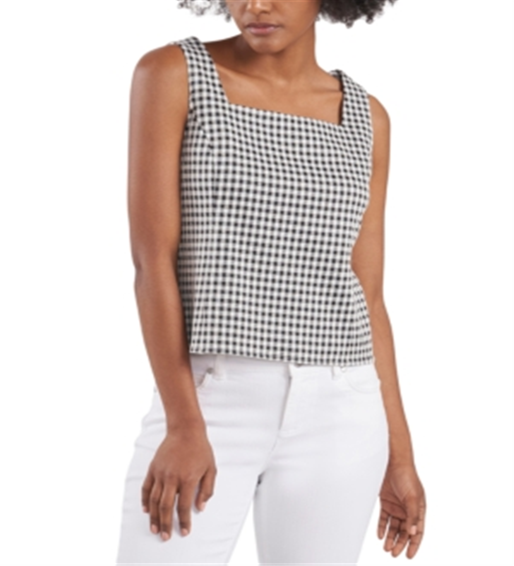Blusa feminina xadrez sem mangas com decote quadrado, preta, tamanho médio, da Riley &amp; Rae