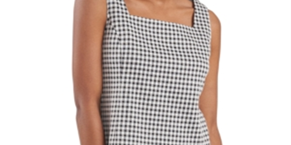 Blusa feminina xadrez sem mangas com decote quadrado, preta, tamanho médio, da Riley &amp; Rae