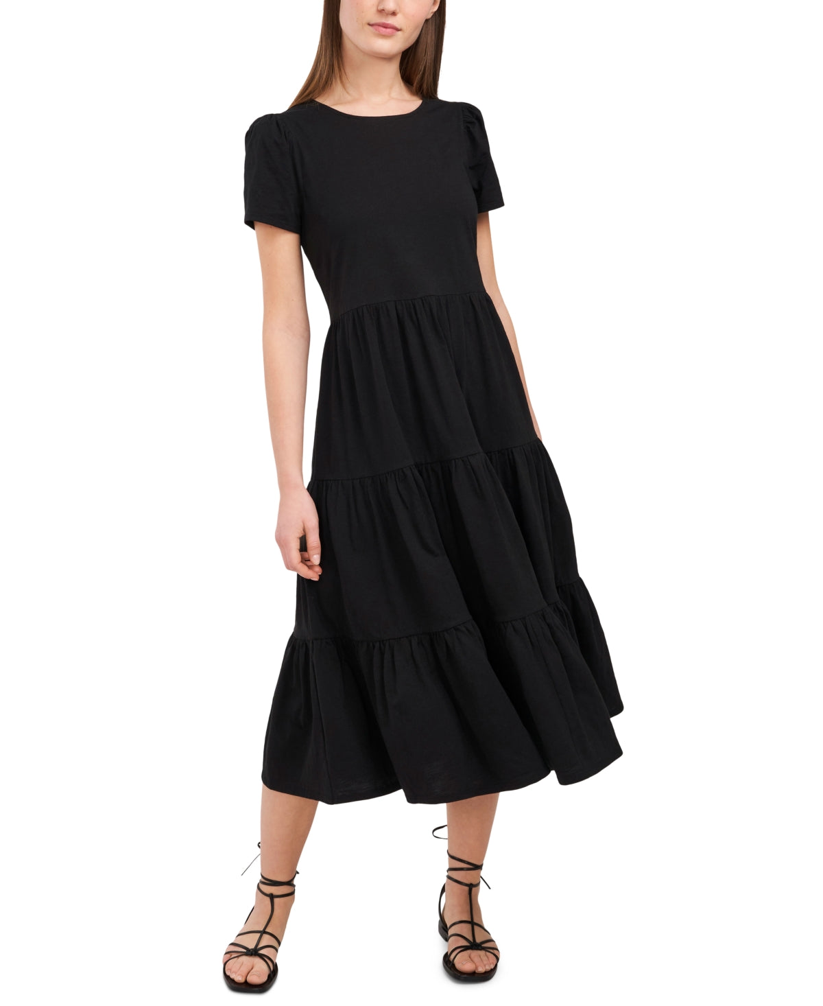 Vestido feminino Riley &amp; Rae com manga bufante e renda em camadas, preto, tamanho pequeno
