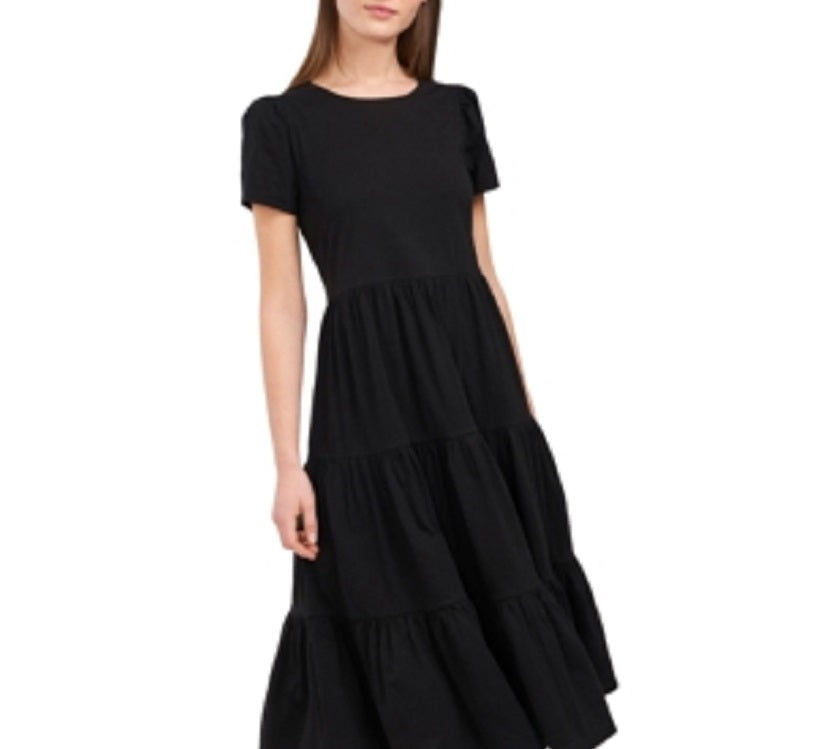 Vestido feminino Riley &amp; Rae com manga bufante e renda em camadas, preto, tamanho grande