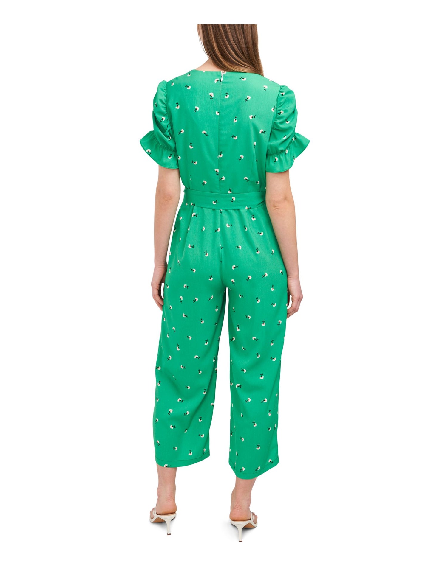 Macacão feminino Riley &amp; Rae com zíper, babados, mangas bufantes, amarração, manga curta, gola redonda, perna larga, verde, tamanho 6