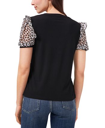 Camiseta feminina CeCe de crepe com manga bufante e técnica mista, preta, tamanho médio