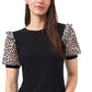 Camiseta feminina CeCe de crepe com manga bufante e técnica mista, preta, tamanho médio